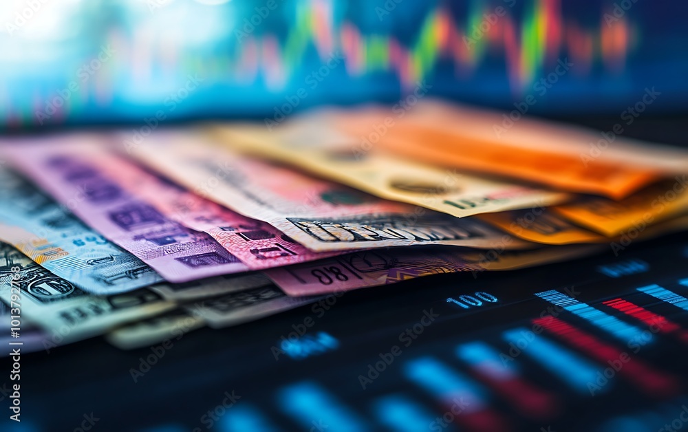 Aufkleber a vibrant composition of various banknotes on a financial chart backdrop, symbolizing currency and m