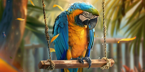 Obraz premium A blue and gold macaw perched on a wooden swing, its bright feathers reflecting the light.