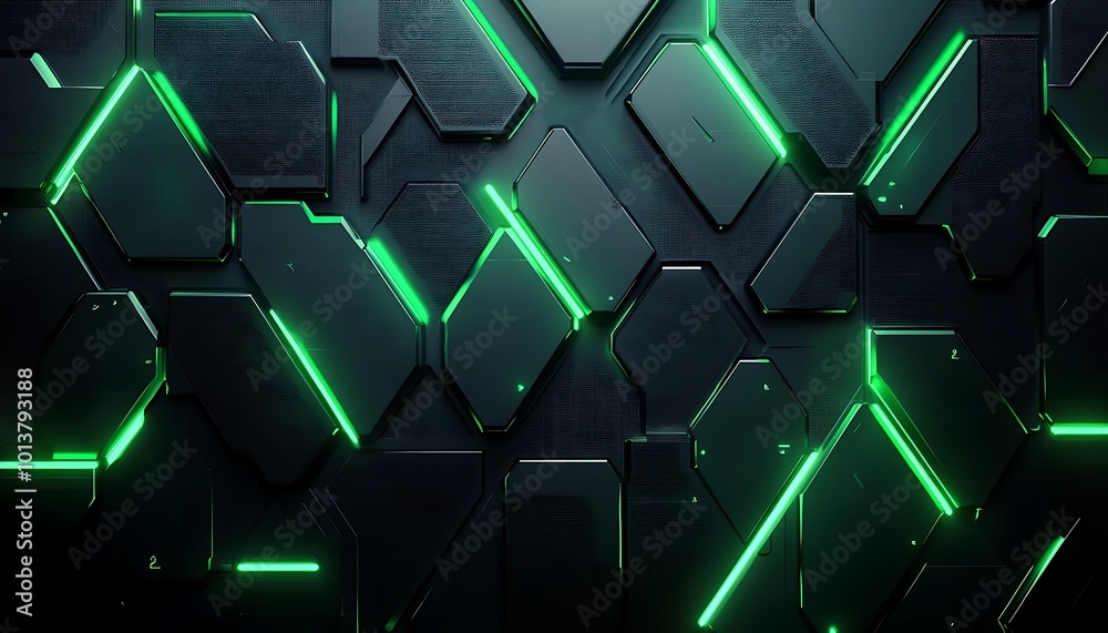 Aufkleber a dark, textured background featuring hexagonal shapes illuminated by green lines, creating a futuri