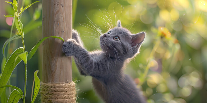 A small gray kitten climbing up a wooden post, its whiskers twitching as it explores its surroundings. - Powered by Adobe