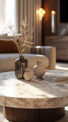 A stylish living room featuring a marble coffee table accented with vases and lit by warm, ambient lighting.