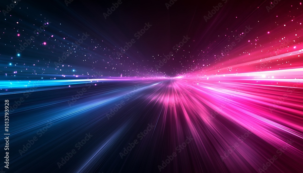 Poster a vibrant abstract display of blue and pink light streaks fading into the distance, creating a sense
