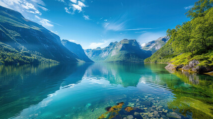 A crystal-clear lake reflecting a stunning mountain range under a vivid blue sky, perfect for wallpaper