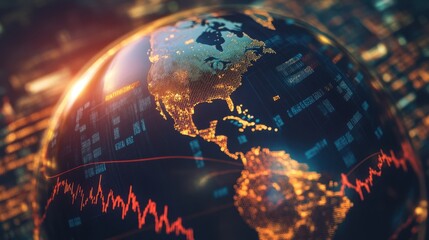 Digital globe with glowing financial transaction lines, symbolizing the interconnectedness of the global economy and international trade.