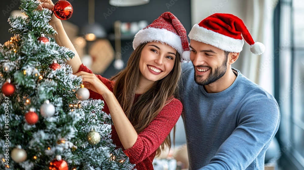 Poster coworkers in a casual office setting wearing colorful holiday hats and decorating a small christmas 