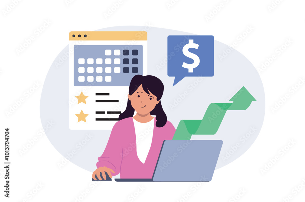 Poster Digital business concept in modern flat design for web. Woman analyzing financial graph with arrow growth trend, creating development strategy, doing content plan in calendar. Vector illustration.