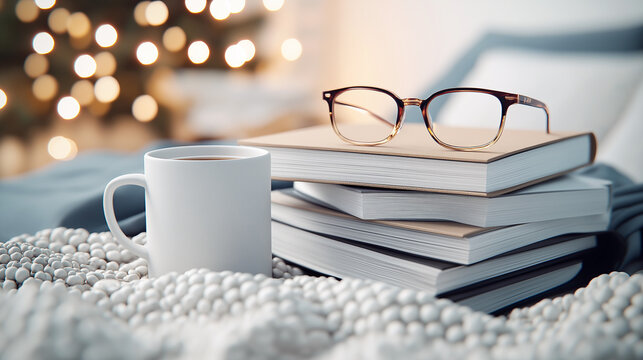 cozy study scene featuring stack of textbooks, cup of coffee, and reading glasses, perfect for relaxing reading session. warm ambiance invites comfort and focus