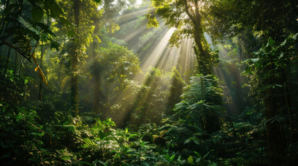 Naklejka premium A dense rainforest with lush vegetation, tall trees, and sunlight streaming through the thick canopy