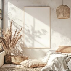 A bedroom corner soaked in natural light with layers of natural decor including soft bedding and pampas grass accents.