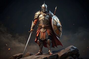 Fototapeta premium knight in armor and helmet with shield and sword stands on a rock