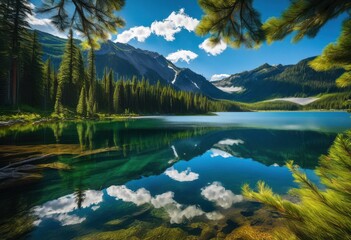 Fototapeta premium stunning reflection majestic mountain peaks serene lake waters under clear blue sky, alpine, beauty, breathtaking, cliff, clarity, dense, environment