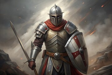 Fototapeta premium knight in armor and helmet with shield and sword