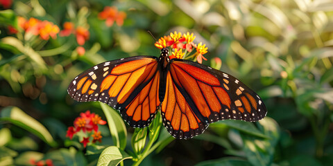 An orange and black monarch butterfly fluttering from one flower to another in a lush garden, its intricate wings catching the sunlight.