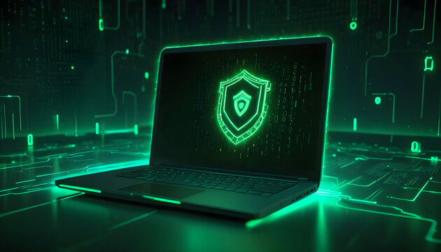 Futuristic laptop with a Cyber security shield on sreen glowing green