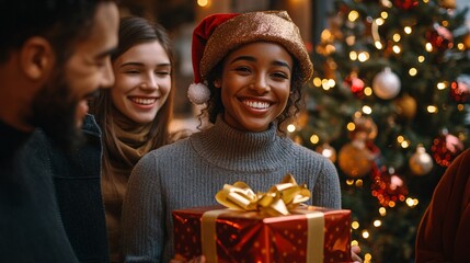 Group of business colleagues celebrating Christmas in the office wearing festive hats and exchanging gifts in a cheerful environment with a decorated Christmas tree in the background Large space for