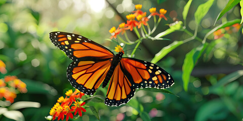 Obraz premium An orange and black monarch butterfly fluttering from one flower to another in a lush garden, its intricate wings catching the sunlight.