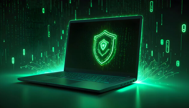 Futuristic laptop with a Cyber security shield on sreen glowing green
