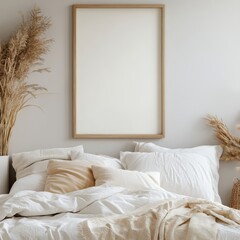 A serene minimalist bedroom featuring white bedding, neutral tones, and natural decor elements in soft lighting for a calming atmosphere.