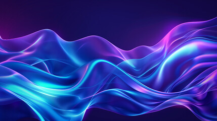 Abstract futuristic banner with glowing blue and purple liquid wavy shapes, creating a retro-inspired, dynamic design with smooth flowing waves