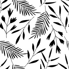 Simple floral vector seamless pattern. Black silhouette of tropical palm leaves on a white background. For fabric prints, packaging, stationery.