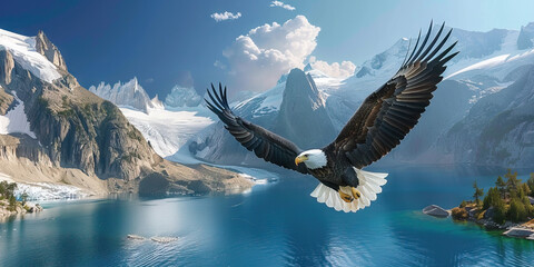 A majestic bald eagle soaring high above a crystal-clear mountain lake, its white head and tail contrasting against the blue sky.