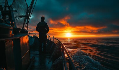 Fototapeta premium A lone fisherman watches the sunset on a boat.
