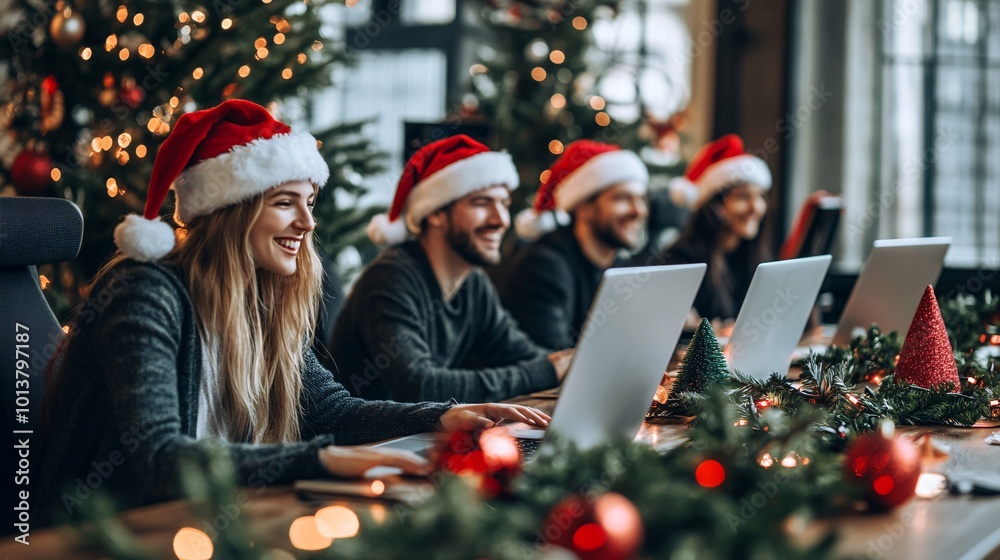 Poster young professionals enjoying a virtual christmas party on their laptops wearing holiday outfits and 