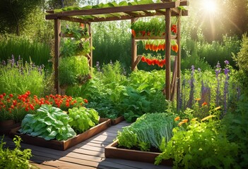 lively herb garden featuring array colorful vegetables fresh green foliage bright natural light, plants, soil, leaves, carrots, peppers, tomatoes, lettuce