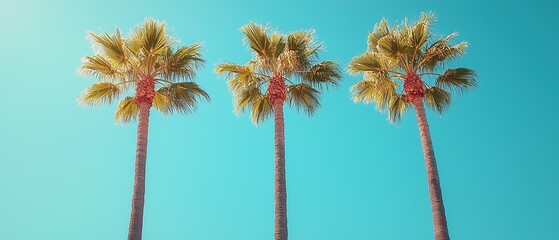 Obraz premium Three palm trees reaching for the sky against a vibrant blue sky.