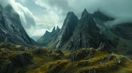 Fototapeta premium A dramatic mountain landscape with jagged peaks and deep valleys, perfect for an epic film setting