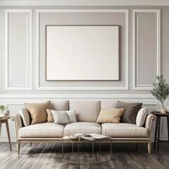 A sophisticated living room with an elegant beige sofa, classic moldings, and soft lighting for a refined, cozy atmosphere.