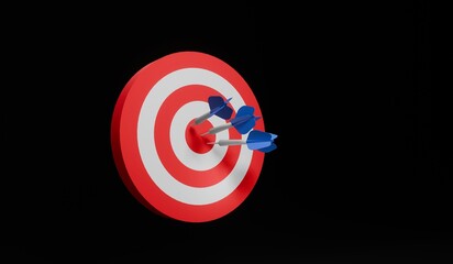 3D render Blue arrow dart hitting the white and red target for show the successful goal on black background. 