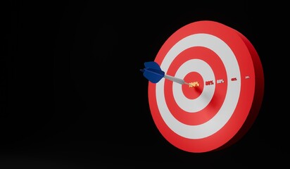 3D render Blue arrow dart hitting the white and red target with number with percentage for show the successful on 100% goal on black background. 