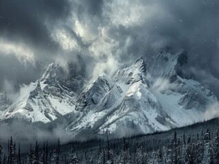 Obraz premium A dramatic photo of a mountain landscape covered in fresh snow, with storm clouds brewing overhead