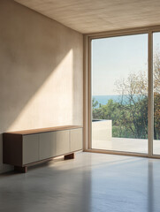 Fototapeta premium Modern interior with minimalist furniture and large window showcasing a coastal view