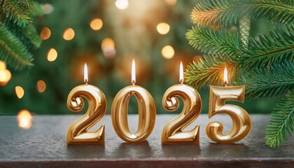 "2025" golden candles lit with festive lights and green trees.