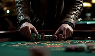 A gambler placing bets on a roulette table.