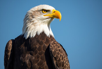 Fototapeta premium A majestic bald eagle standing against a clear blue sky.