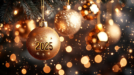 Number 2025 on Christmas tree balls on golden sparkle bokeh background with sparkle and glitter. Celebrating winter New Year holiday.