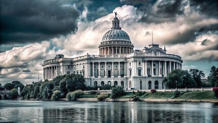 Fototapeta premium A white, neoclassical building with a dome sits on a grassy bank overlooking a river.