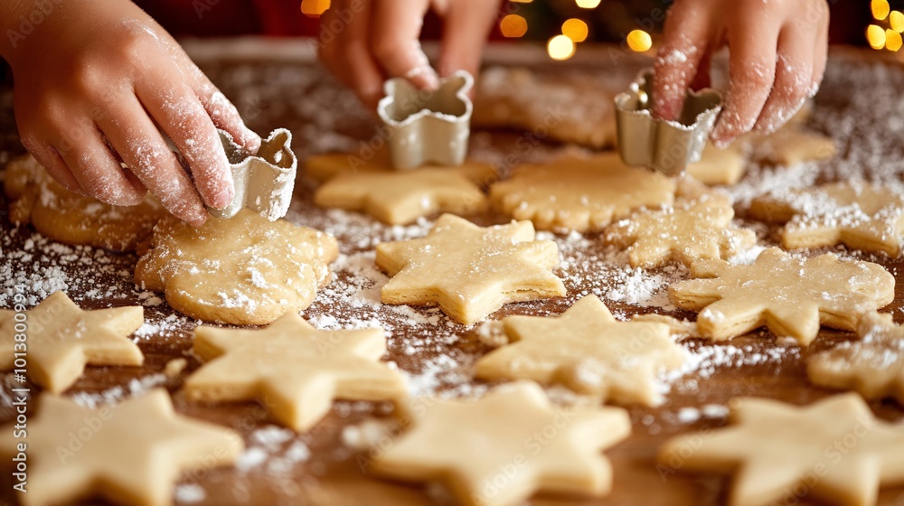 Poster parents and children baking christmas cookies together in a warm kitchen rolling dough and using hol