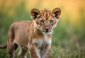Obraz premium A young lion cub with blue eyes and golden fur in a grassy field.