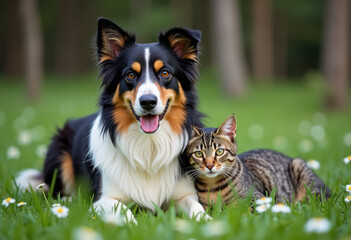Dog and cat together in grass