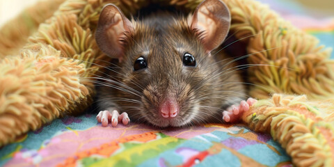 A close-up of a furry brown mouse, its tiny paws resting on a colorful blanket, seeking medical attention.