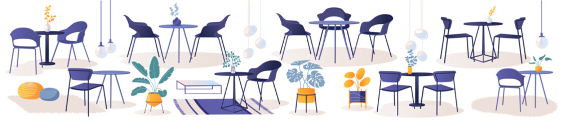 Vector illustration food court theme in shopping center or large restaurant hall. Hand-drawn picture with cafe furniture, for rest and eat. Cozy tables and chairs, armchairs, large pots with plants.