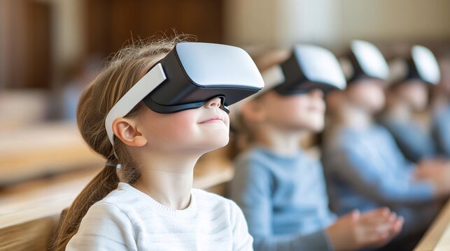 Teenager using virtual reality headset in a study space experiencing an interactive lesson in science and technology engaging deeply in a futuristic learning environment Large space for text in
