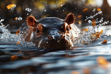 Fototapeta premium Digital 3D Pygmy Hippopotamus swimming, with water effects splashing around as it moves gracefully through a rendered river