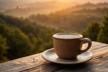 Cup of coffee on the table . Morning coffee against mountain landscape at dawn