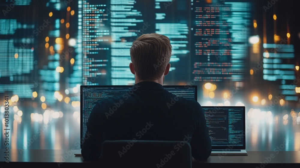 Aufkleber Young man attending a live coding class on his laptop with multiple digital windows open displaying his progress on a programming project Large space for text in center Stock Photo with copy space