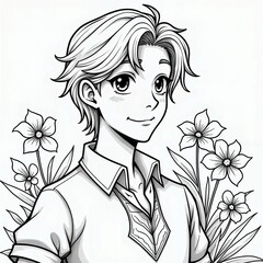 Anime Boy with Flowers Coloring Page